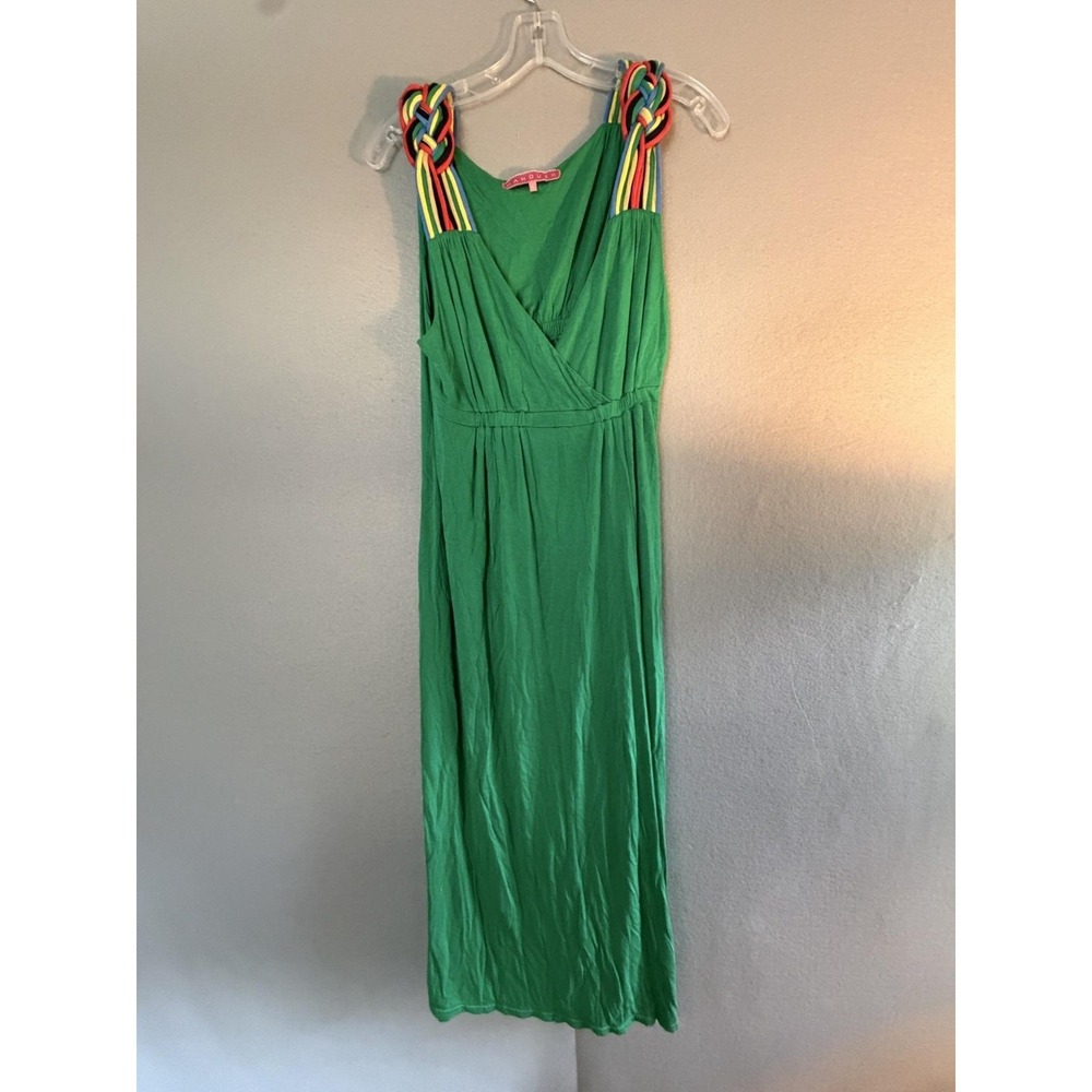 Manoush Dress Womens L Green V Neck Maxi Modal Braided Rainbow Straps